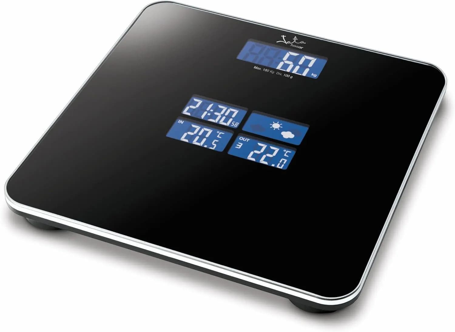 BASCULA DE BAÑO JATA METEO 530 DIGITAL MAX 180KG CRISTAL CON MARCO GRIS INFORMA SOBRE TIEMPO-TEMPERATURA-PESO-ALARMA — Baño