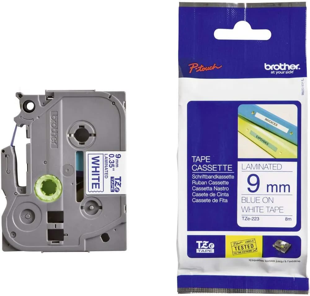 Brother TZe223 - Azul sobre blanco - rollo (0,9 cm x 8 m) 1 bobina(s) tipo laminado - para P-Touch PT-1880, D200, D450, D800, H1 — Consumibles-papelería