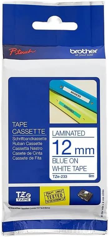 BROTHER TZE233 CINTA LAM AZUL S/ BLANCO 12MM — Consumibles-papelería | Ingescom
